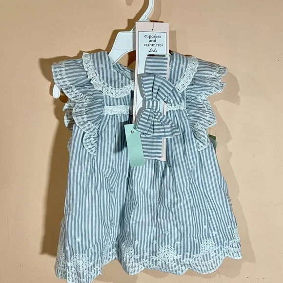 Cupcakes & Cashmere Blue & White Striped Lace-Trim Baby Dress With Headband Bow - Picture 2 of 8